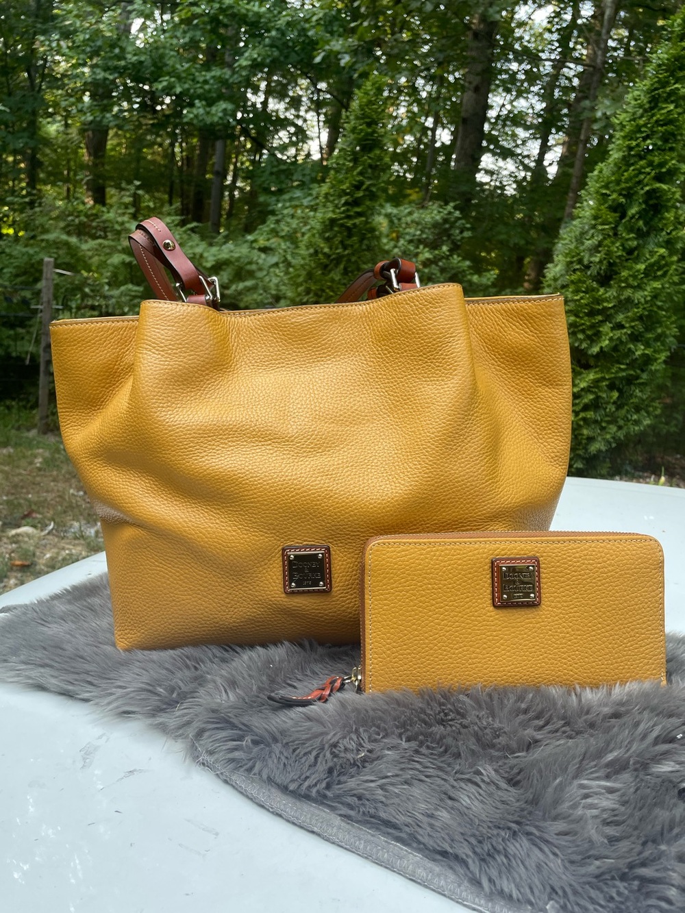 Dooney & Bourke Yellow Leather Shoulder Bag And Wallet Set